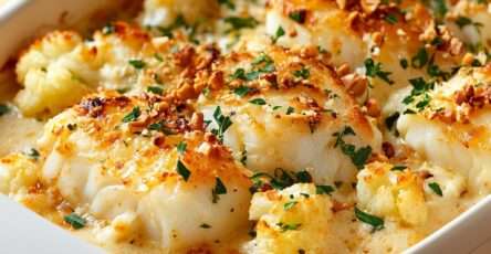 Gratin de cabillaud au chou-fleur et crème onctueuse.