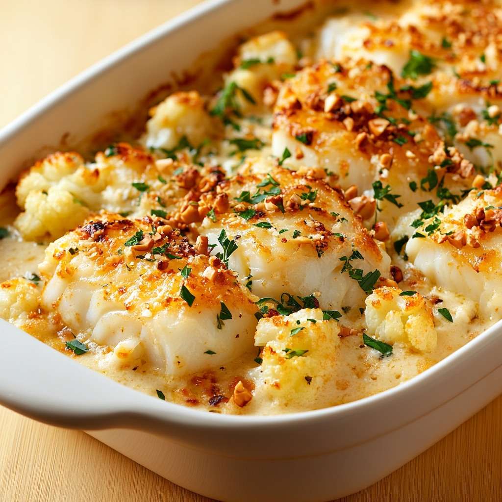 Gratin de cabillaud au chou-fleur et crème onctueuse.