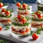 Verrines au thon, fromage frais et tomates cerises fraîches.