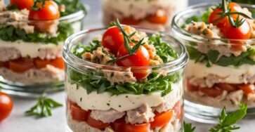 Verrines au thon, fromage frais et tomates cerises fraîches.