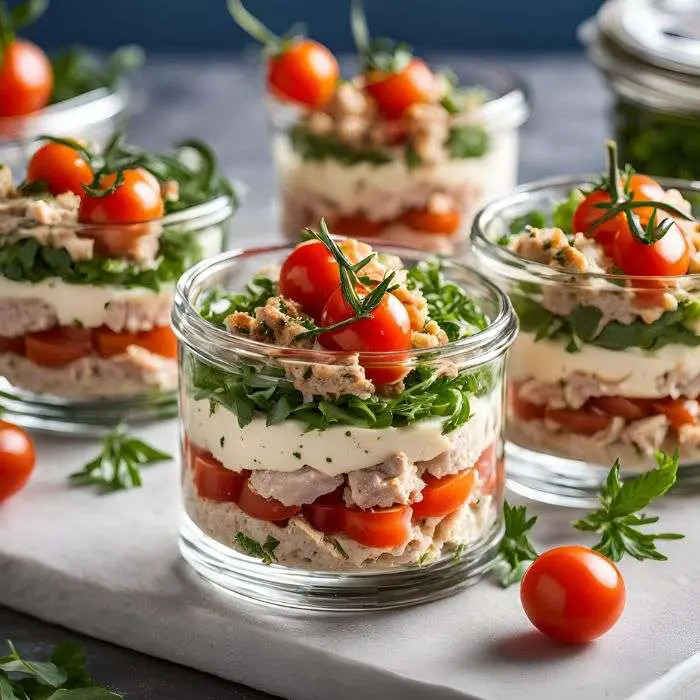 Verrines au thon, fromage frais et tomates cerises fraîches.