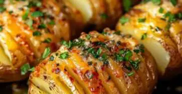 Pommes de terre Hasselback croustillantes garnies de fromage fondu et d’herbes fraîches.