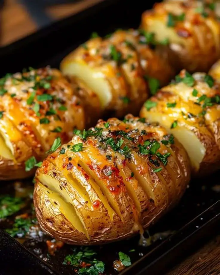 Pommes de terre Hasselback croustillantes garnies de fromage fondu et d’herbes fraîches.