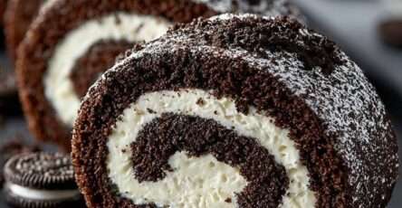 Gâteau roulé chocolat garni de crème d’Oreo, décoré de chocolat blanc fondu et de biscuits Oreo entiers.