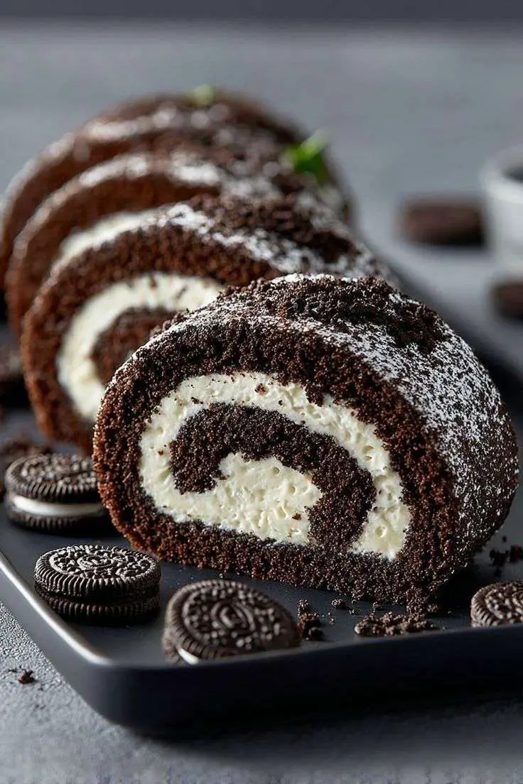 Gâteau roulé chocolat garni de crème d’Oreo, décoré de chocolat blanc fondu et de biscuits Oreo entiers.
