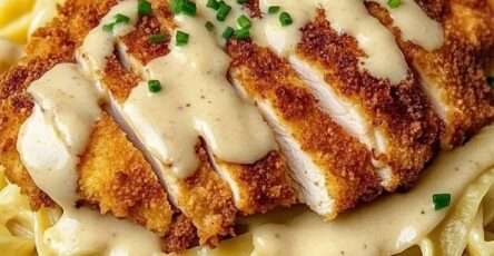 Assiette de fettuccines Alfredo crémeuses garnies de tranches de poulet croustillant doré.