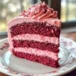 Gâteau velours rose à deux étages avec glaçage au cream cheese et texture moelleuse.