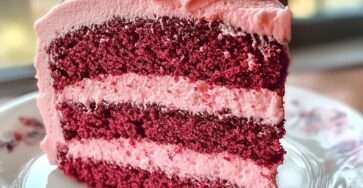 Gâteau velours rose à deux étages avec glaçage au cream cheese et texture moelleuse.