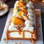 Bûche roulée garnie de crème mascarpone, fruits et caramel beurre salé coulant.