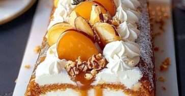 Bûche roulée garnie de crème mascarpone, fruits et caramel beurre salé coulant.