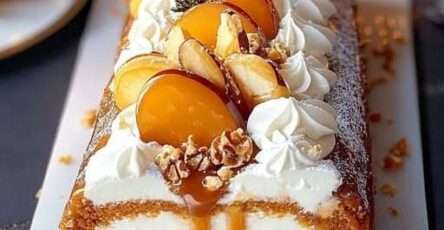 Bûche roulée garnie de crème mascarpone, fruits et caramel beurre salé coulant.