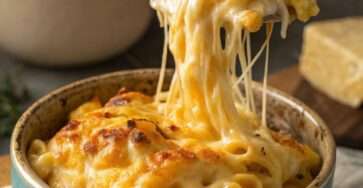 Gratin de macaroni crémeux recouvert de fromage gratiné, doré et croustillant sur le dessus, dans un grand plat.