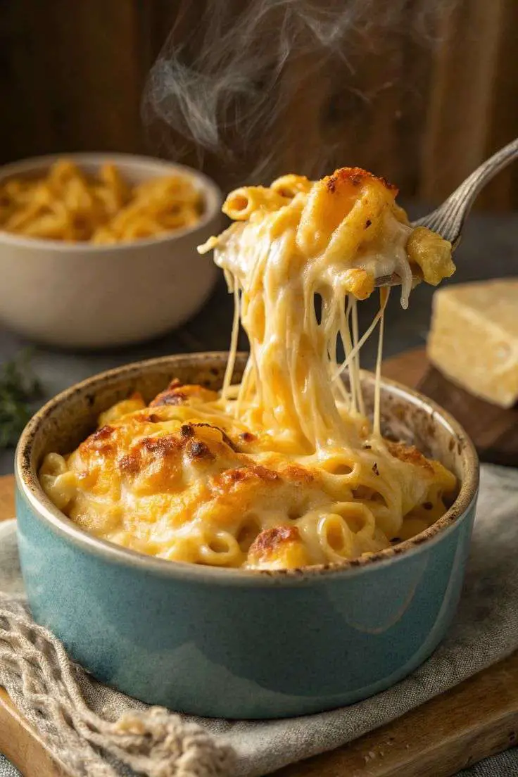 Gratin de macaroni crémeux recouvert de fromage gratiné, doré et croustillant sur le dessus, dans un grand plat.