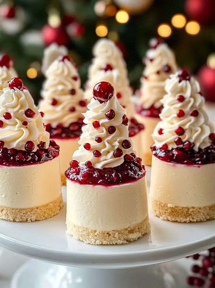 Mini cheesecakes de Noël aux fruits rouges présentés en dessert individuel.