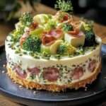 Cheesecake salé au brocoli, fromage et jambon cru présenté en parts.