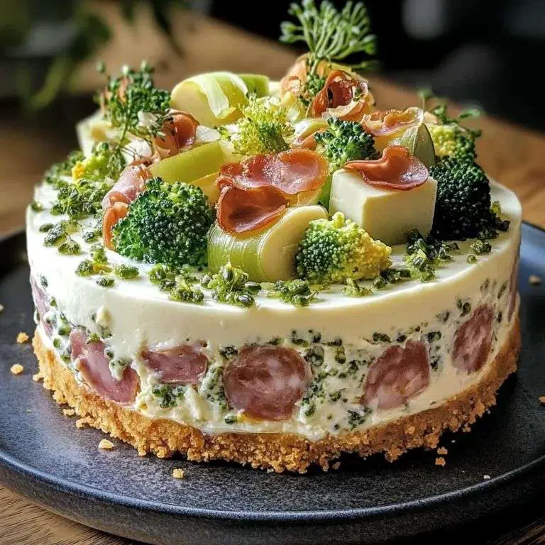 Cheesecake salé au brocoli, fromage et jambon cru présenté en parts.