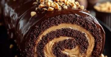 Roulé chocolat garni de crème au beurre de cacahuète, nappé de chocolat fondant et décoré de cacahuètes concassées sur une assiette.