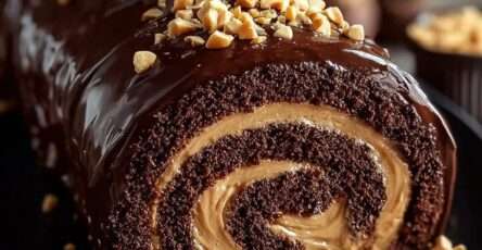 Roulé chocolat garni de crème au beurre de cacahuète, nappé de chocolat fondant et décoré de cacahuètes concassées sur une assiette.