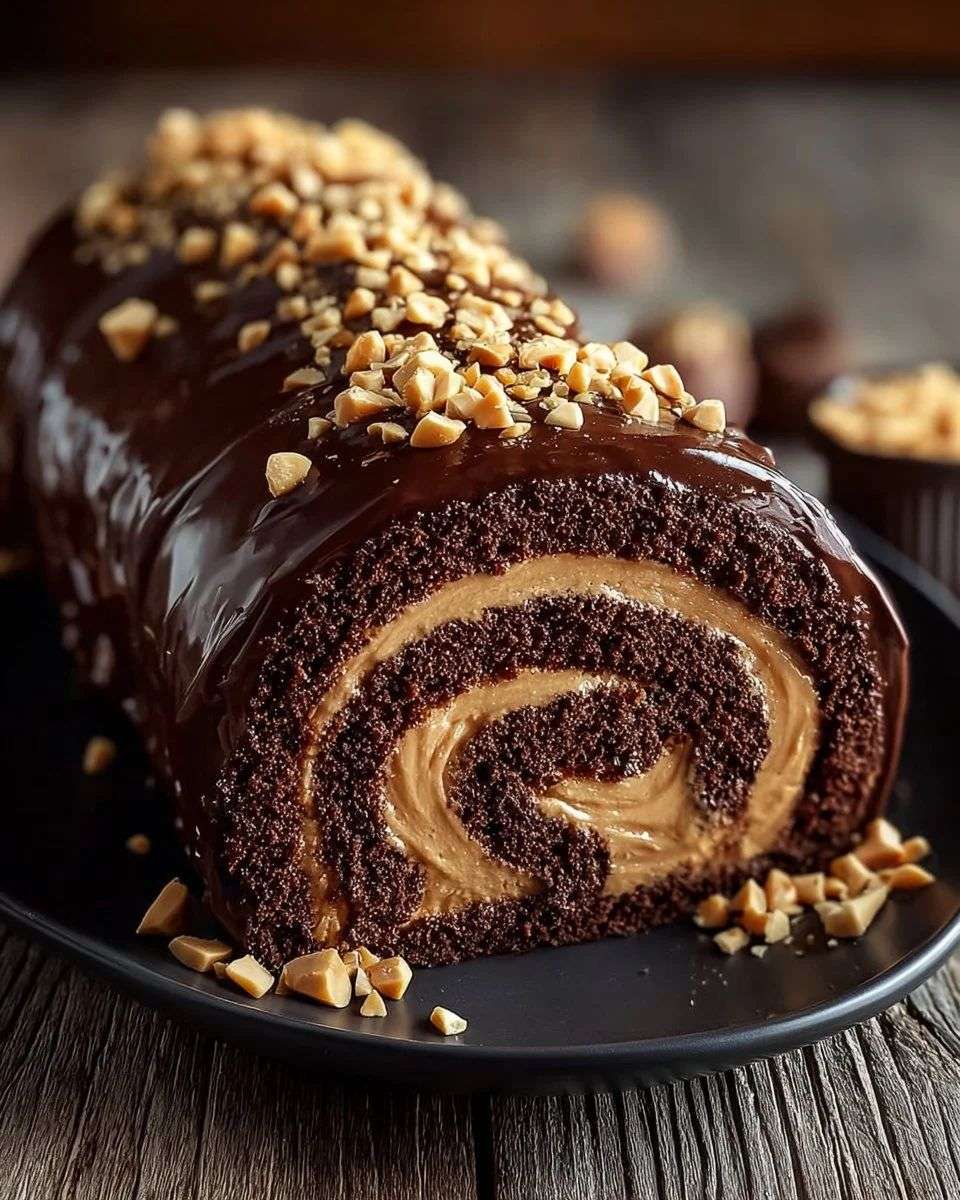 Roulé chocolat garni de crème au beurre de cacahuète, nappé de chocolat fondant et décoré de cacahuètes concassées sur une assiette.