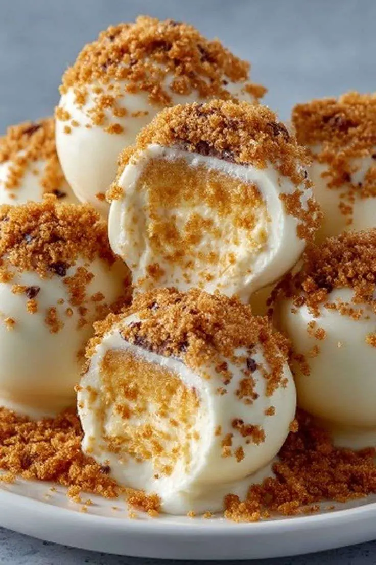 Boules cheesecake à la citrouille enrobées de chocolat blanc, décorées de miettes de biscuits et disposées sur une plaque.