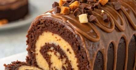 Gâteau roulé au chocolat garni de crème au caramel, nappé de caramel et décoré d’éclats croustillants et de pépites de chocolat.