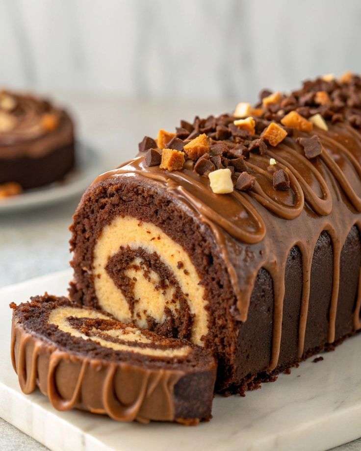Gâteau roulé au chocolat garni de crème au caramel, nappé de caramel et décoré d’éclats croustillants et de pépites de chocolat.