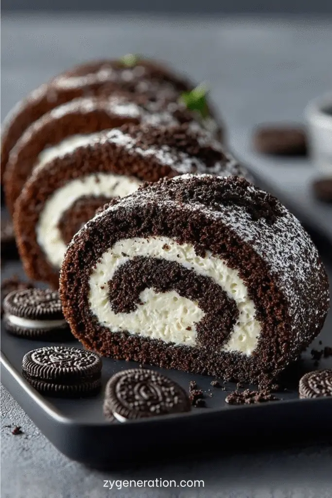 Gâteau roulé chocolat garni de crème d’Oreo, décoré de chocolat blanc fondu et de biscuits Oreo entiers.