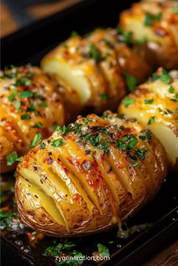 Pommes de terre Hasselback croustillantes garnies de fromage fondu et d’herbes fraîches.