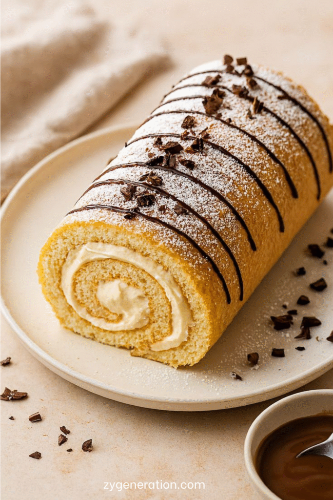 Gâteau roulé à la vanille garni de crème fouettée, saupoudré de sucre glace et décoré de copeaux de chocolat.