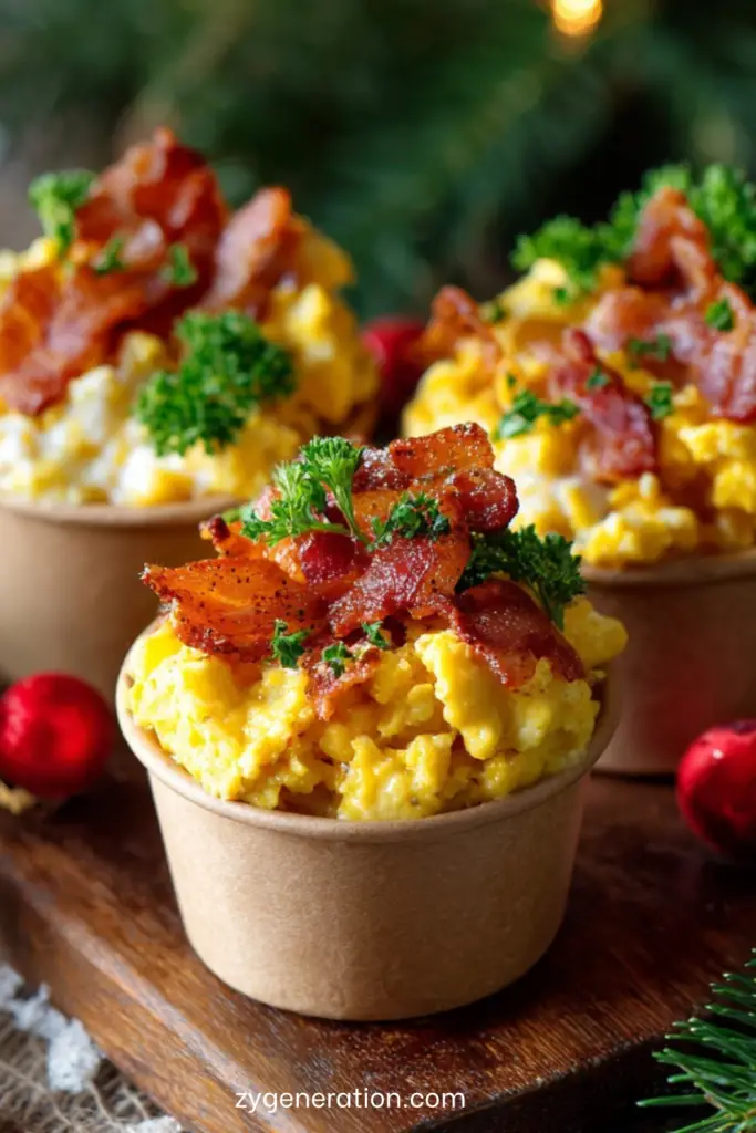 Mini-cups d’œufs brouillés crémeux garnis de bacon croustillant servis en verrines pour un brunch ou un apéritif gourmand.