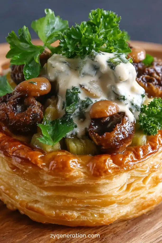 Vol-au-vent feuilleté garni de champignons forestiers crémeux aux herbes fraîches, servi chaud pour une entrée festive et élégante.