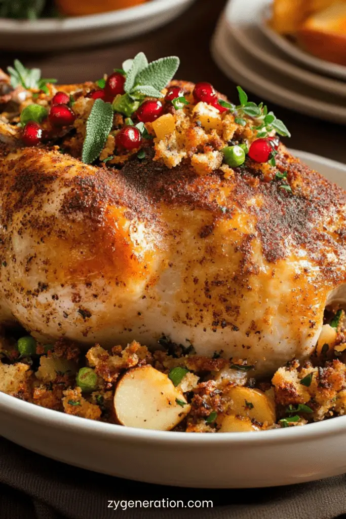 Chapon rôti farci aux pommes, sauge et pain d’épices, doré au four et servi avec sa farce gourmande pour un repas de fête.