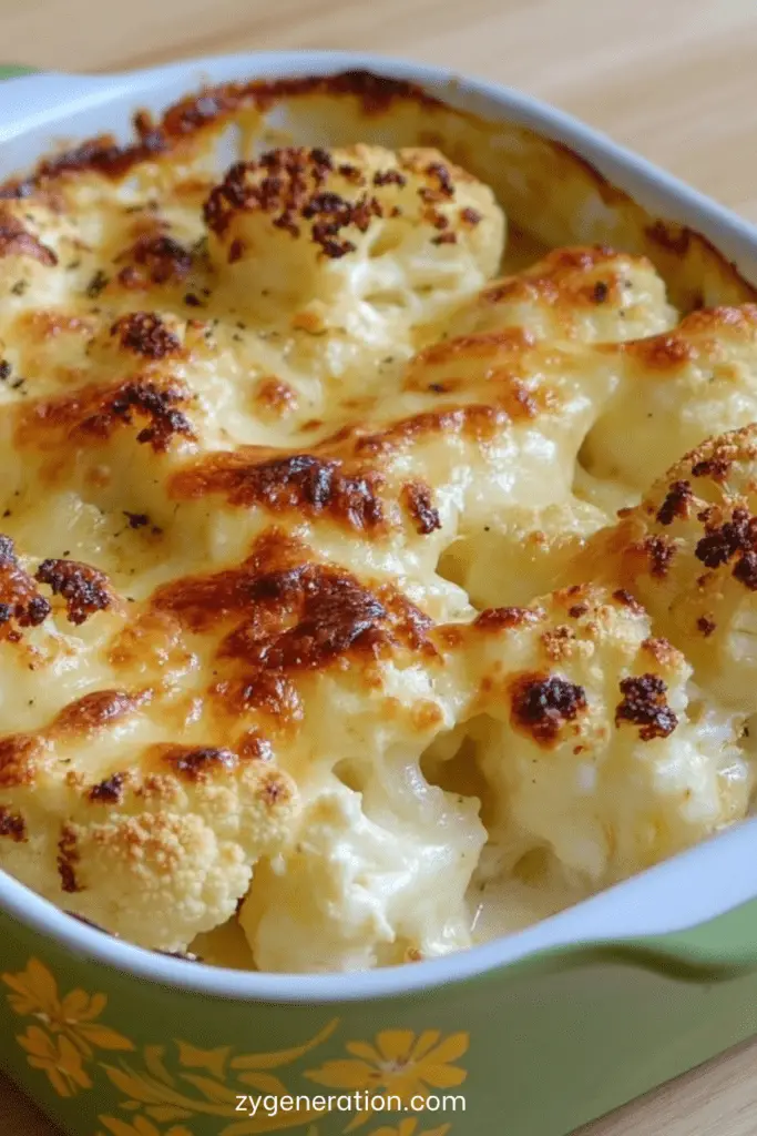 Gratin de chou-fleur crémeux au fromage, doré au four dans un plat familial.