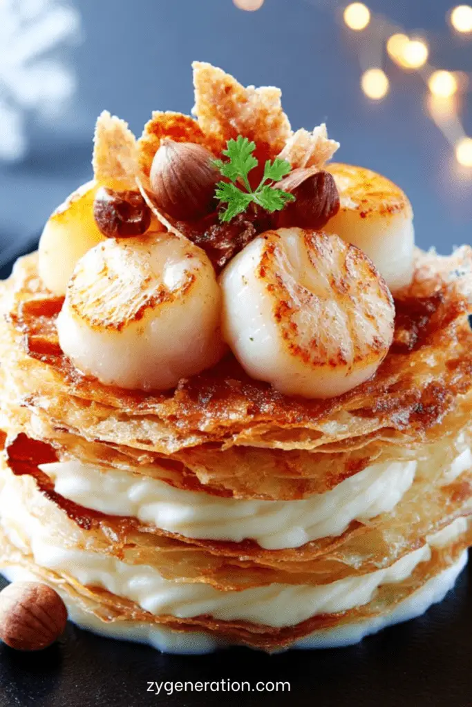 Millefeuille de Saint-Jacques dressé avec crème de panais, noisettes concassées et chips de chorizo croustillantes.