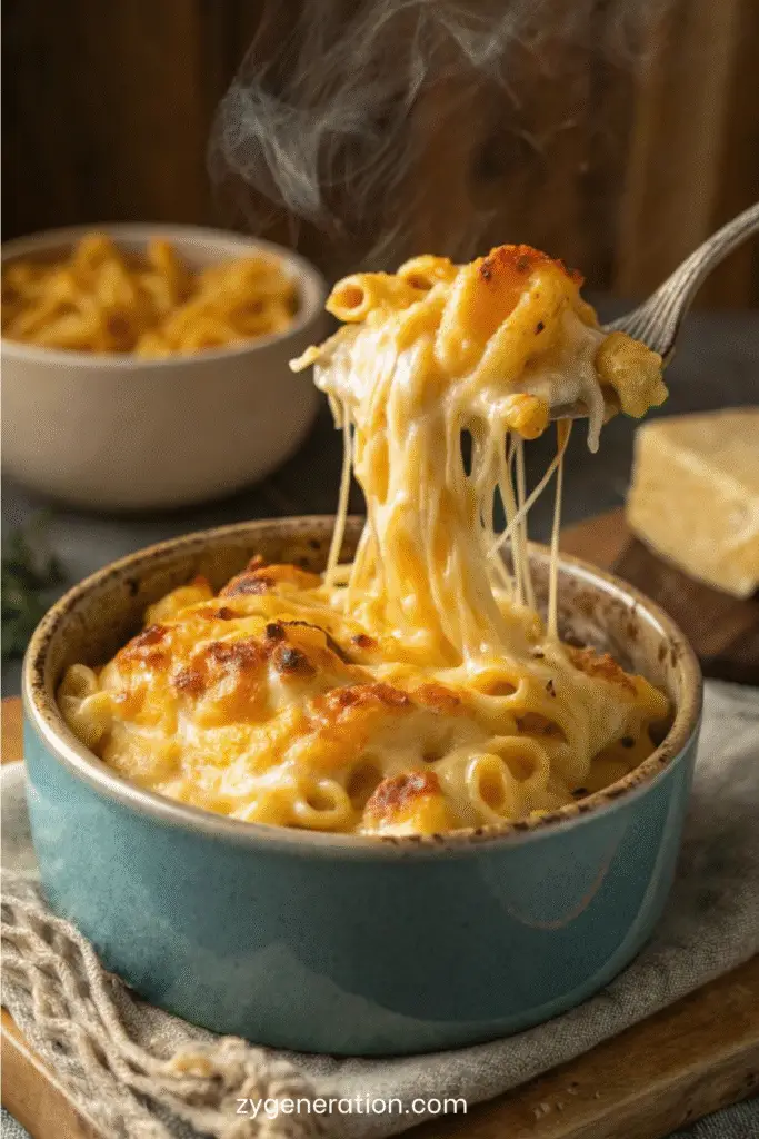 Gratin de macaroni crémeux recouvert de fromage gratiné, doré et croustillant sur le dessus, dans un grand plat.