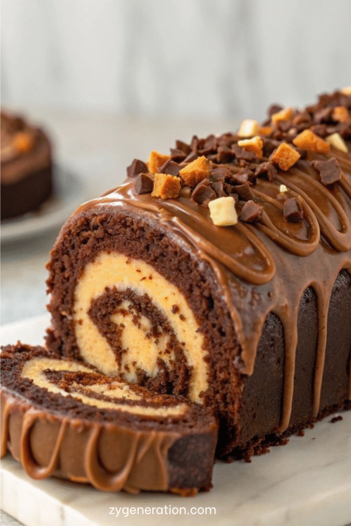 Gâteau roulé au chocolat garni de crème au caramel, nappé de caramel et décoré d’éclats croustillants et de pépites de chocolat.