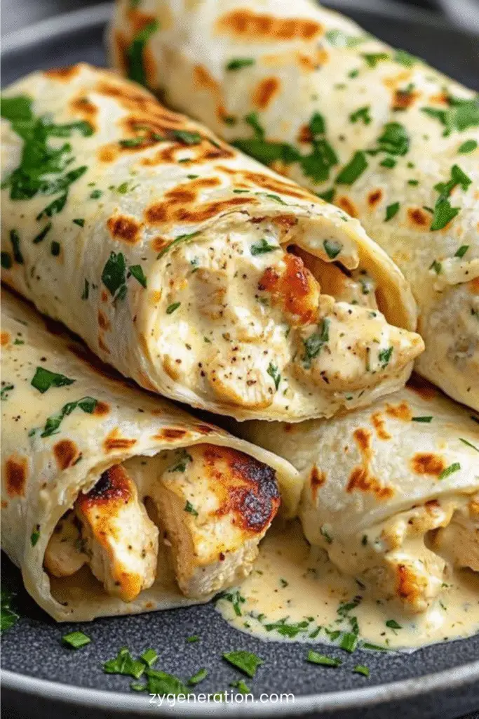 Wraps de poulet tendre en sauce crémeuse à l’ail, enroulés dans des tortillas moelleuses et coupés en deux.
