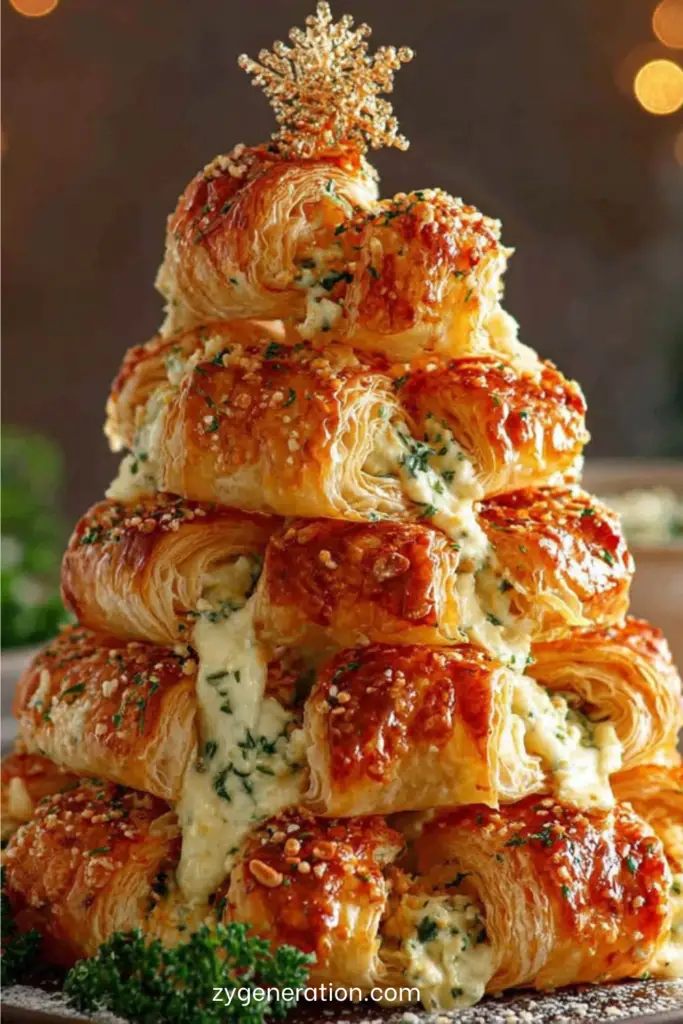 Sapin feuilleté apéritif garni de fromages fondants et d’herbes fraîches, doré et croustillant.