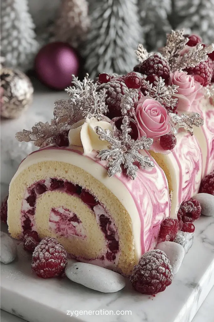 Bûche roulée framboise et vanille avec glaçage marbré rose, décorée de framboises et éléments festifs.