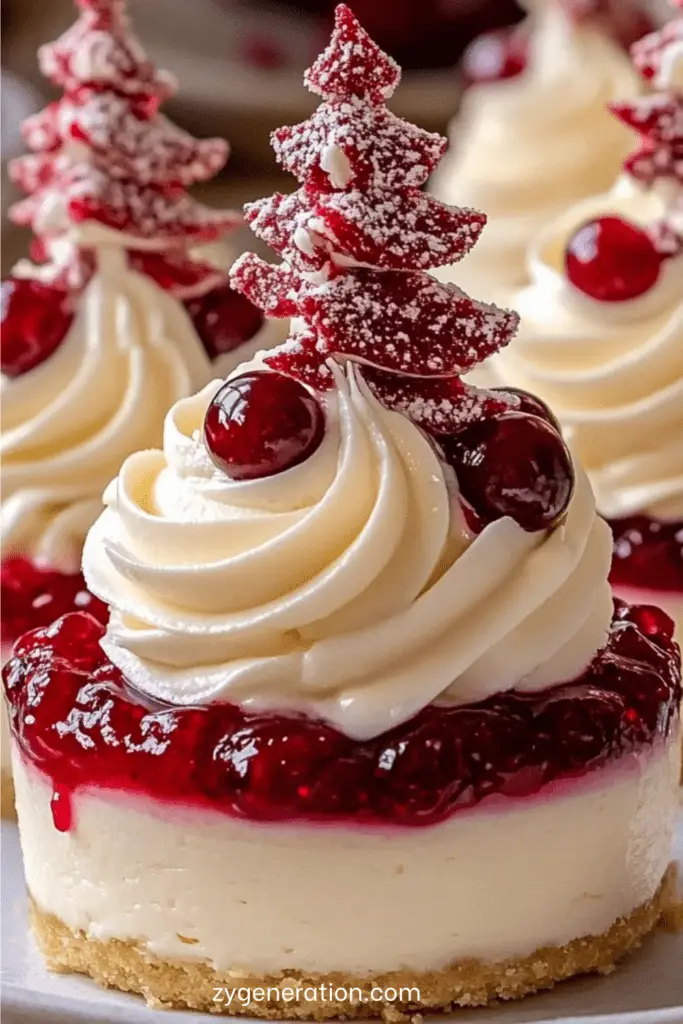 Mini cheesecakes individuels garnis de fruits rouges, chantilly vanille et décorations de Noël en chocolat.