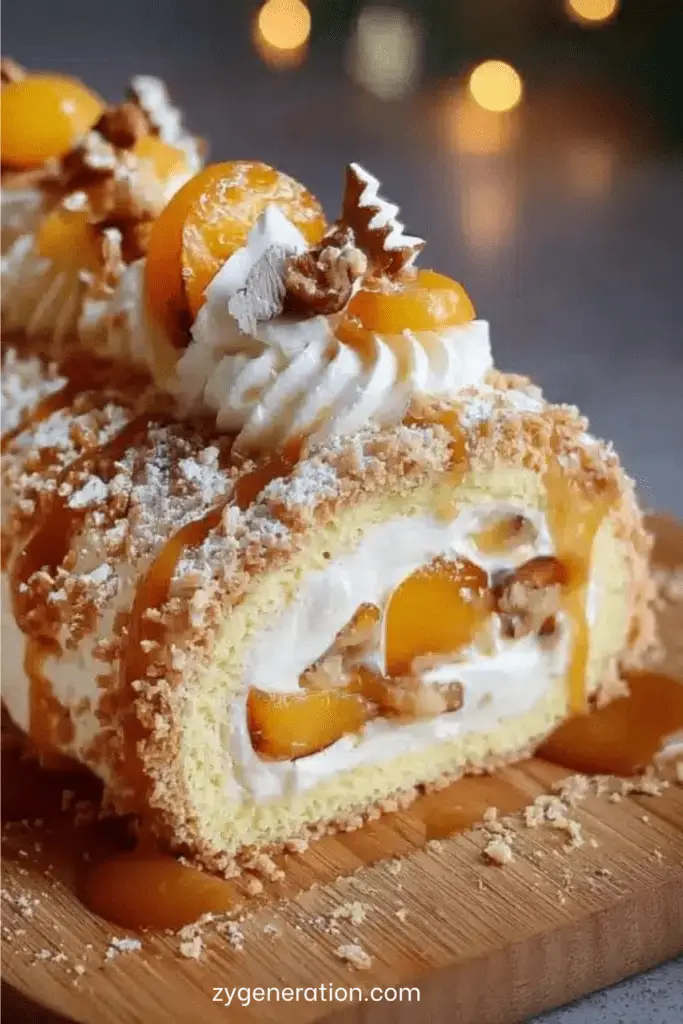 Bûche au chocolat nappée de caramel beurre salé et décorée de fruits rouges frais.