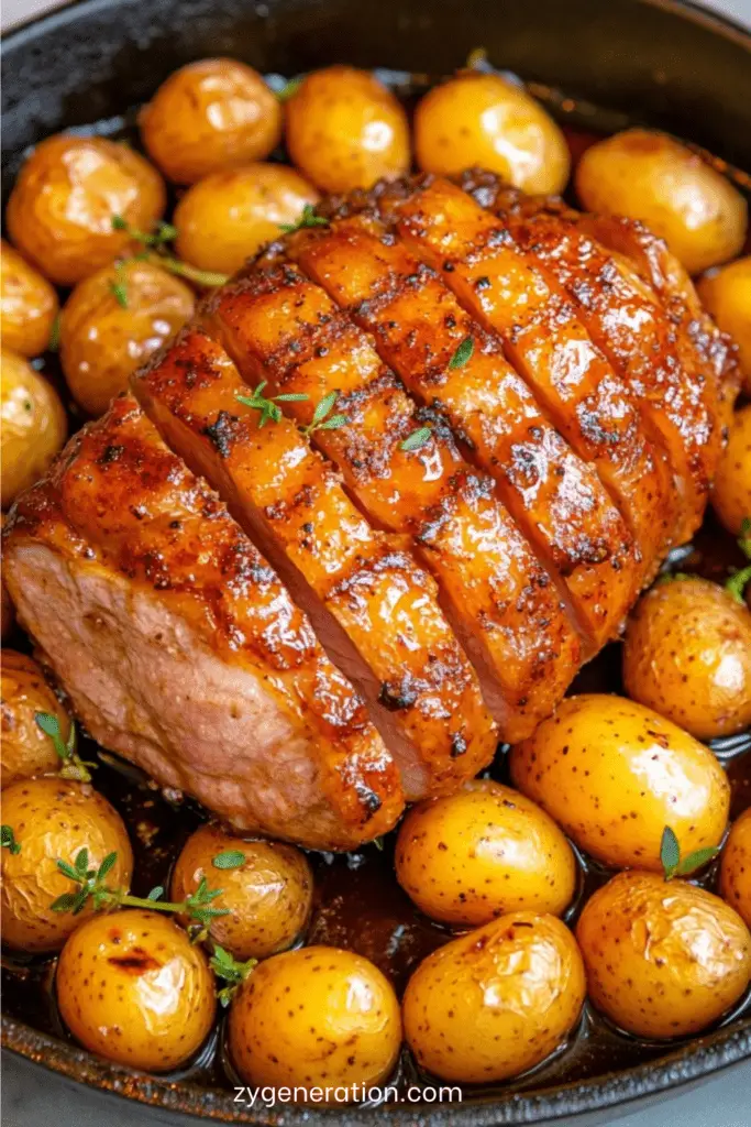 Rôti de porc doré entouré de pommes de terre grenailles au thym dans un plat de cuisson.