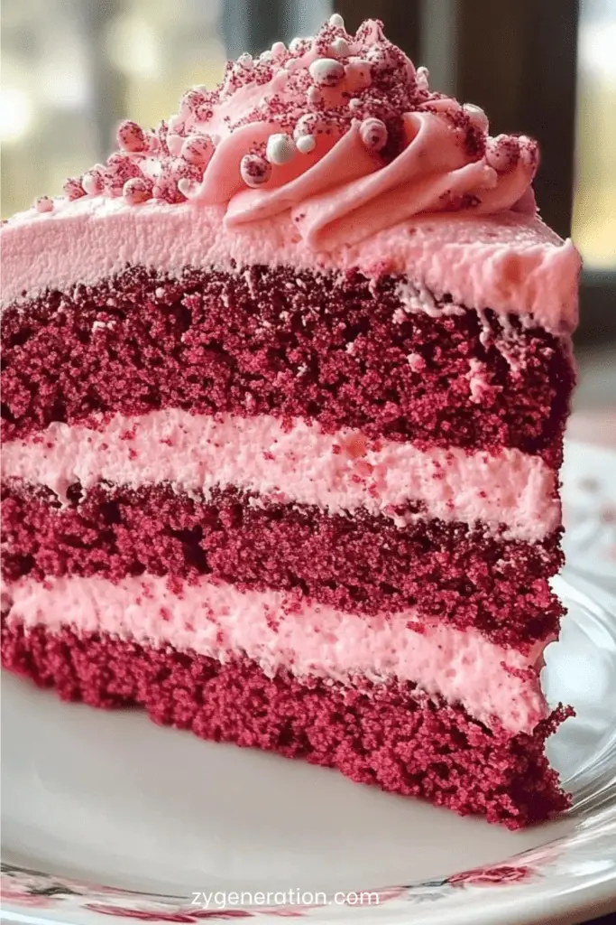 Gâteau velours rose à deux étages avec glaçage au cream cheese et texture moelleuse.