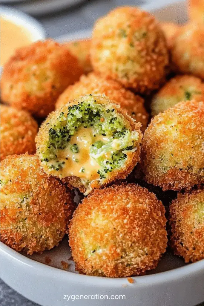 Boules de brocoli au fromage croustillantes, dorées et frites, servies sur une assiette avec une sauce dip.