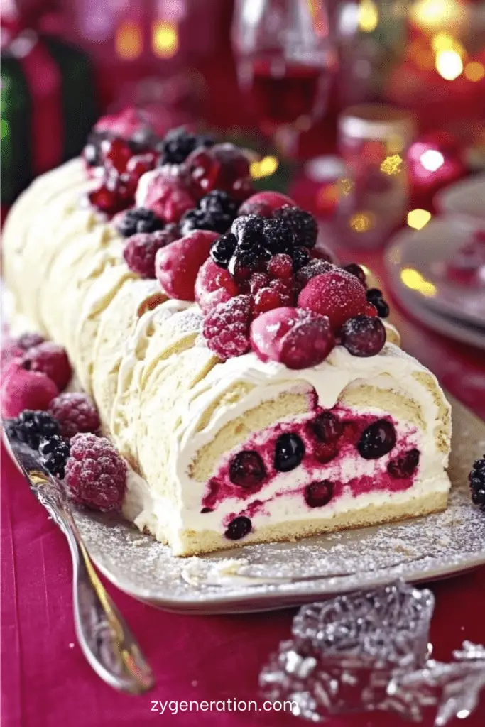 Bûche de Noël roulée garnie de mascarpone et fruits frais, décorée de sucre glace et menthe.