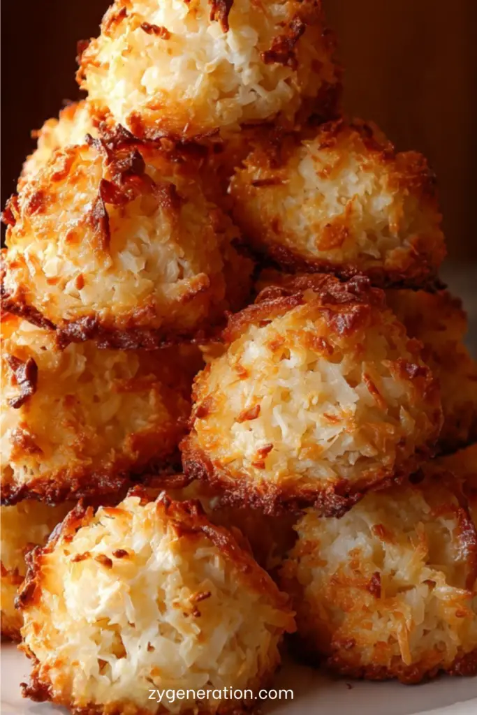 Macarons de Noël dorés à la noix de coco, légèrement croustillants et décorés de chocolat.