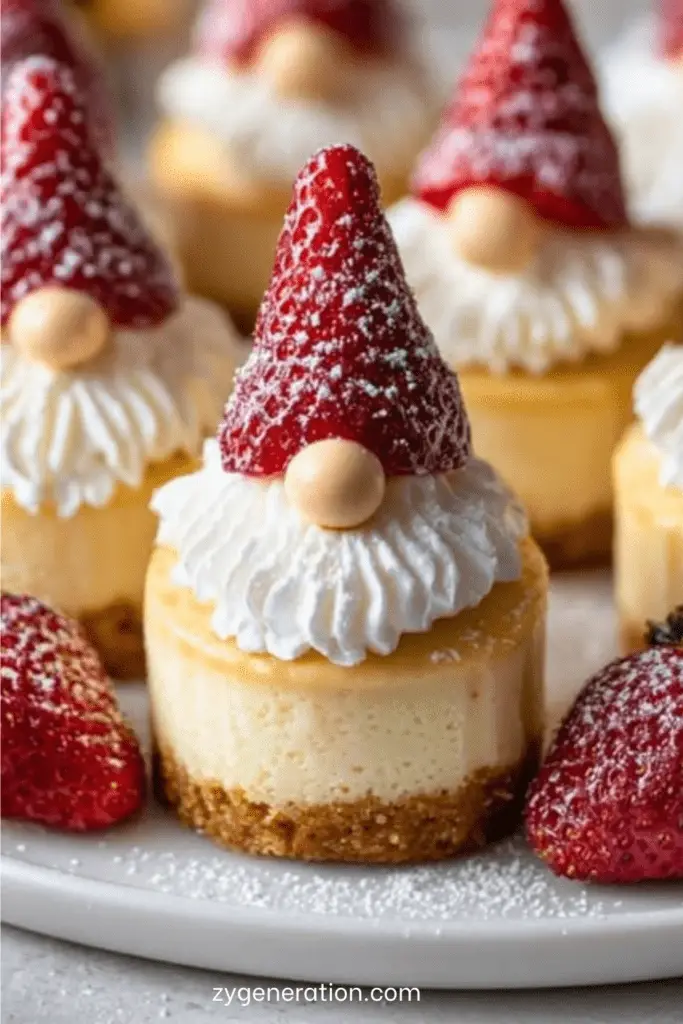 Mini cheesecakes décorés en lutins de Noël avec fraises, chantilly et sucre glace.