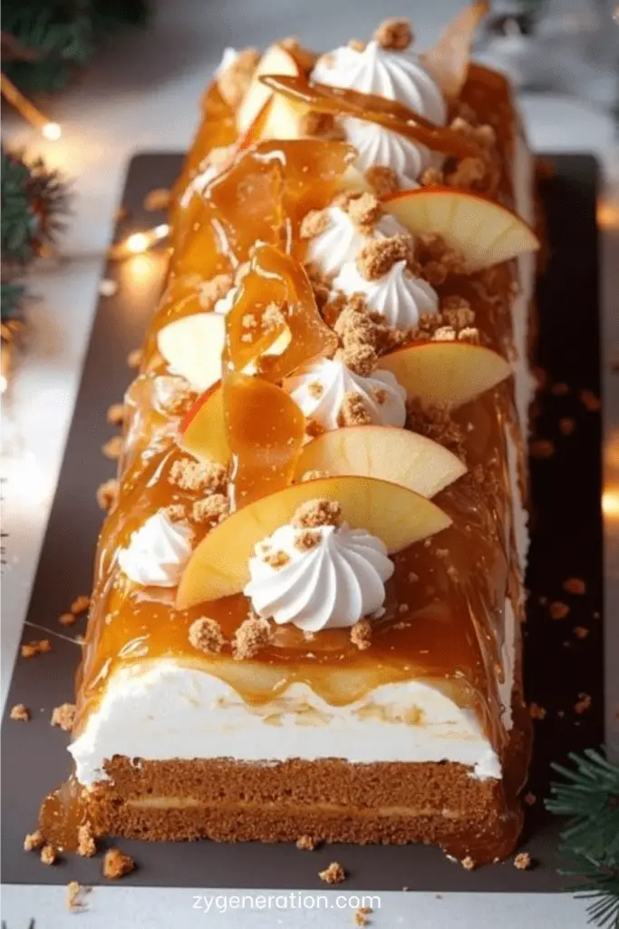 Bûche roulée garnie de caramel beurre salé, pommes caramélisées et crumble de spéculoos.