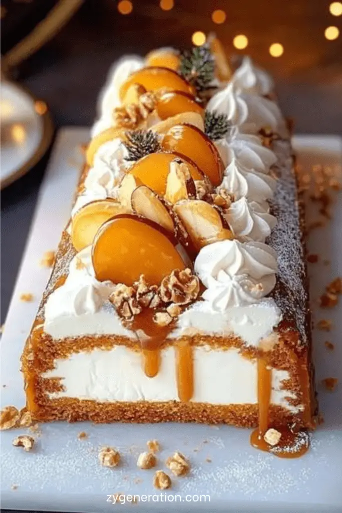 Bûche roulée garnie de crème mascarpone, fruits et caramel beurre salé coulant.