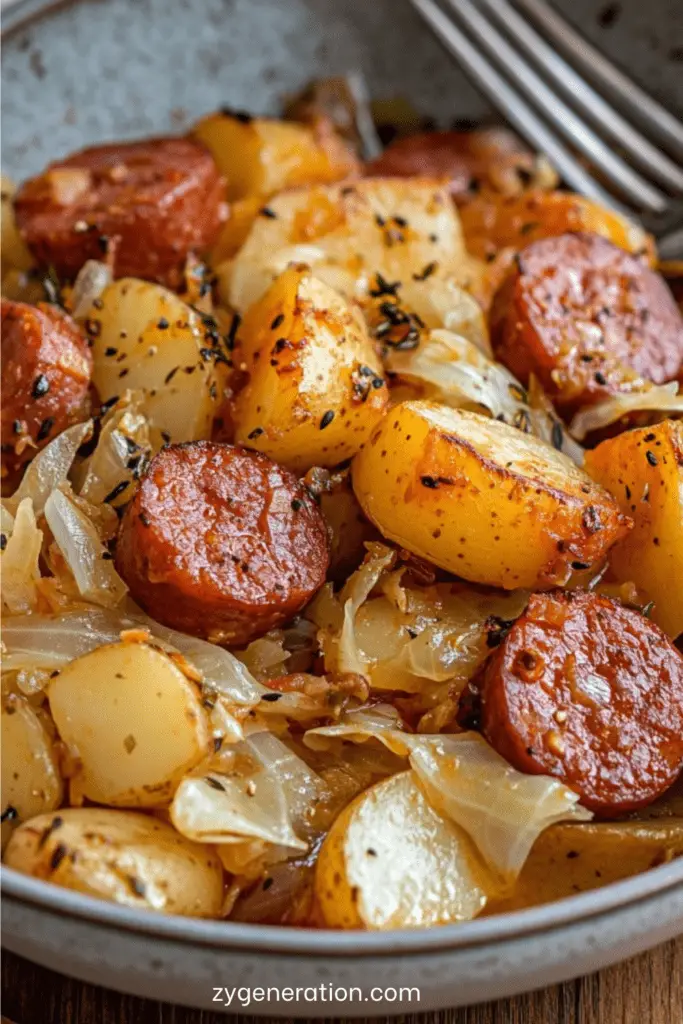 Poêlée de kielbasa dorée avec pommes de terre et chou sautés, servie dans une cocotte rustique.